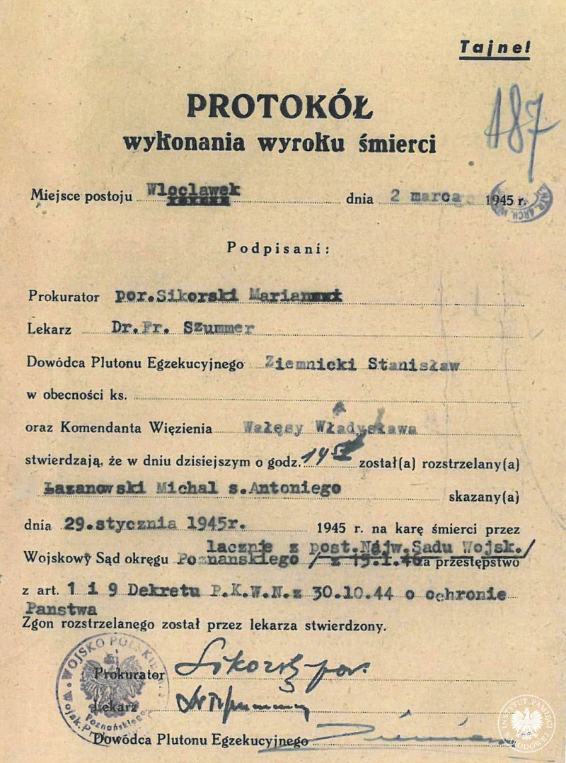 Protokół wykonania kary śmierci (zdj. ze zbiorów IPN)