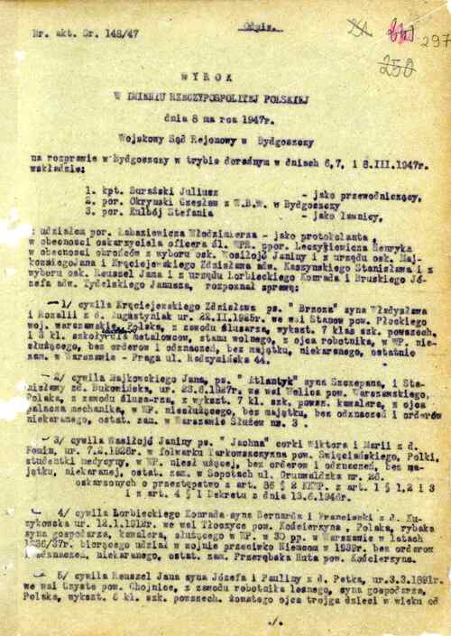 Wyrok skazujący Janinę Wasiłojć-Smoleńską na karę śmierci. Bydgoszcz, 8 marca 1947 r. (IPN By 070/434 t. 5)
